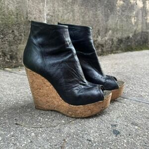Jimmy Choo Cork Wedges Women's Size 39 Leather Black Heels Peep Toe Designer‎